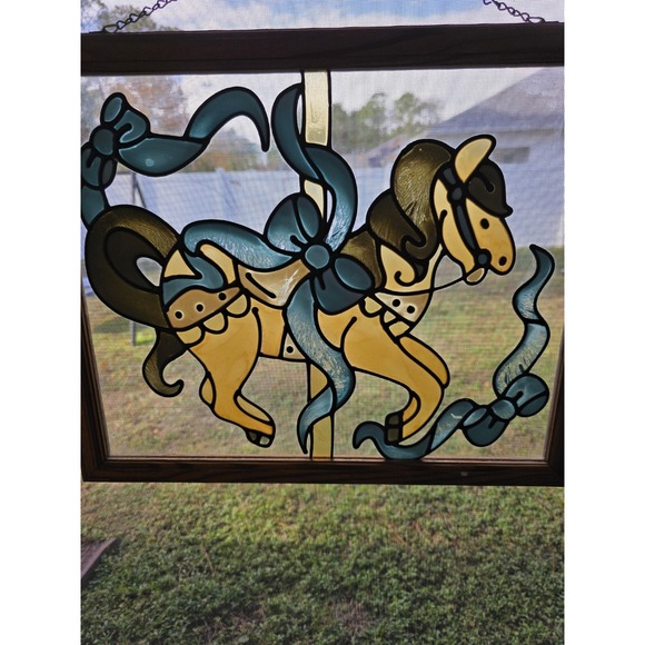 VTG Painted Glass Carousel Horses Window Panel Wood Frame 22"x18" Hanging Art - Picture 2 of 11